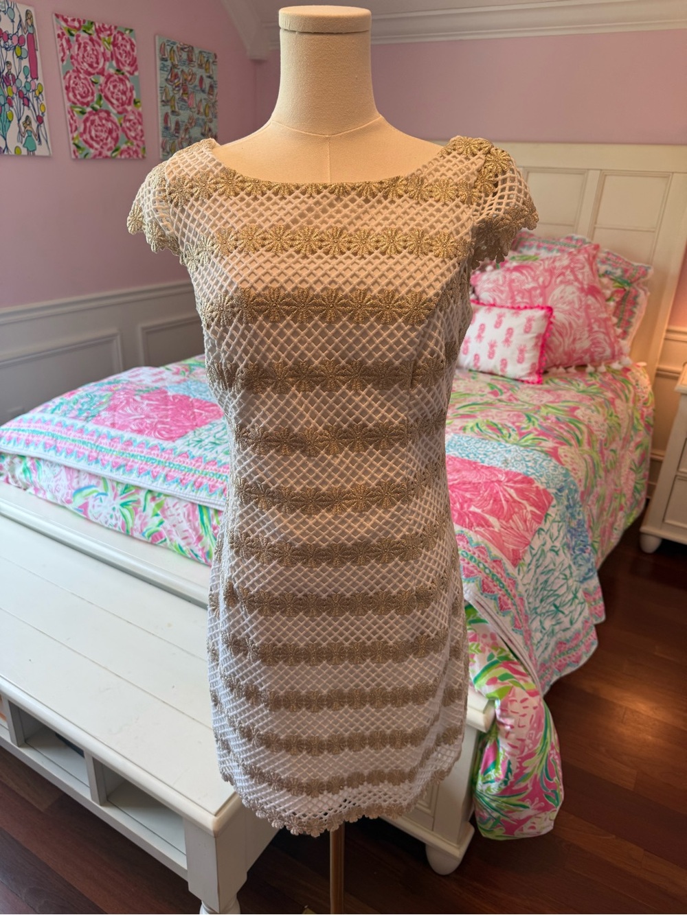 Lilly Pulitzer Beige and White Crochet Mini Dress